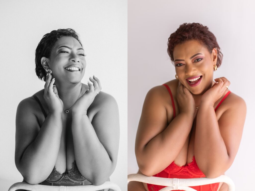 over 40 boudoir photography session featuring woman in red lingerie and joyful expression