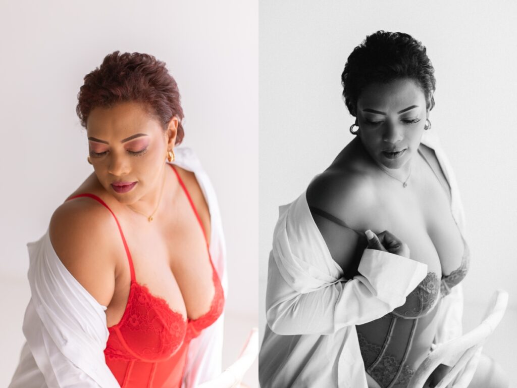 natural boudoir photo of woman in her 40s posing in red lingerie with relaxed confidence