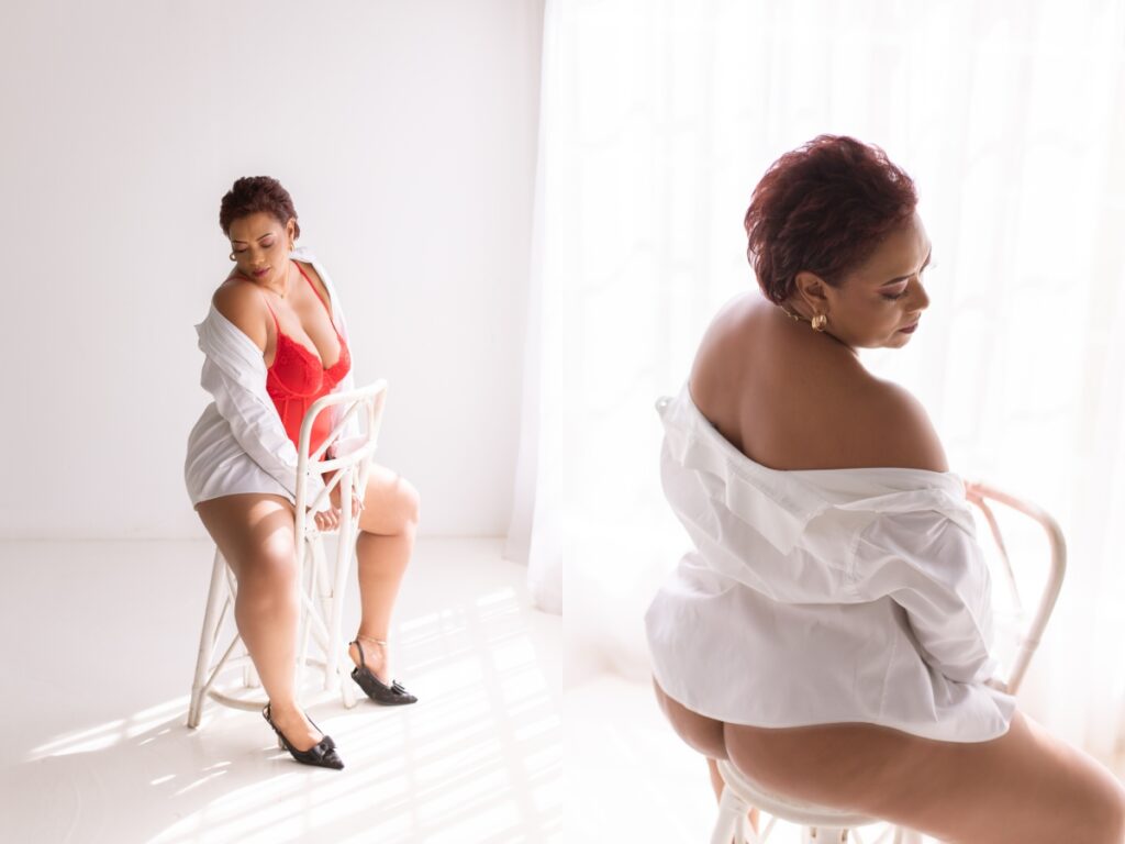 johannesburg boudoir session with mature woman over 40 in red lingerie feeling empowered