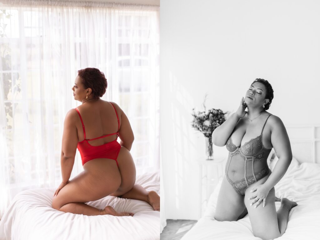 everyday woman in her 40s embracing her confidence in red lingerie during boudoir photography session