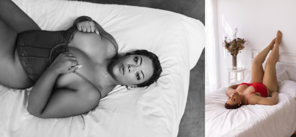 confident woman over 40 in red lingerie showing elegance during boudoir photography in gauteng