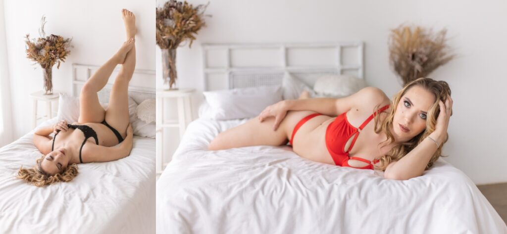 woman in red lingerie on bed